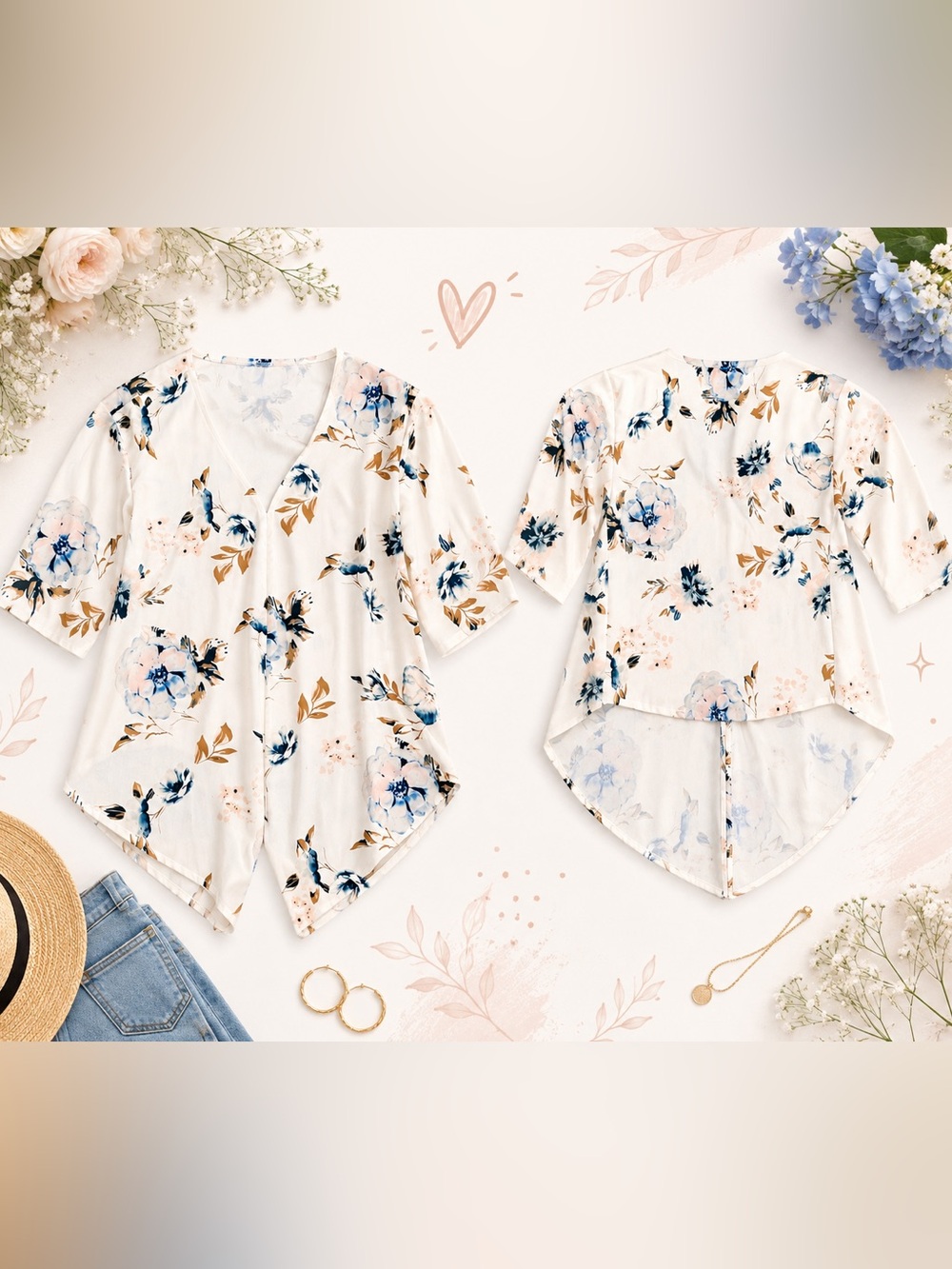 Floral V-Neck Peplum Top in White with Blue Bloom Print - Picture 1 of 3